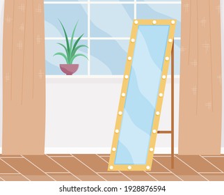Cartoon background of living room with window, potted plant on windowsill, floor mirror. Indoor furniture design, modern home interior. Arrangement of furniture and layout of premises in apartment