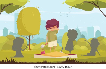 Cartoon background with lonely sad boy standing on sandpit and mopping tears from face vector illustration