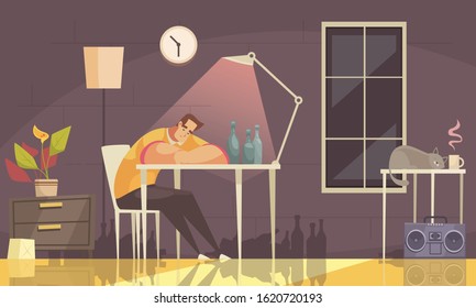 Cartoon background with lonely upset man suffering with alcohol sitting on chair at home addiction vector illustration