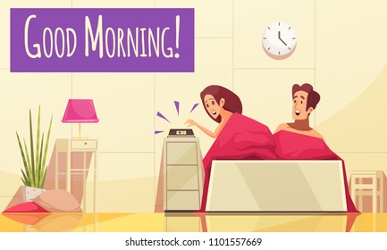 Cartoon background with man and woman waking up in morning vector illustration