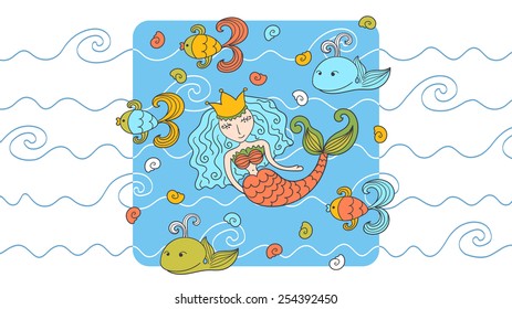 Cartoon background with mermaid and marine inhabitants