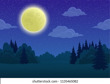 Cartoon Background, Night Landscape With Green Summer Forest, Blue Sky, White Clouds And Big Bright Moon. Vector