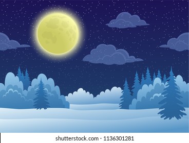 Cartoon Background, Night Landscape with Snow Winter Forest, Starry Sky, White Clouds and Big Bright Moon. Vector