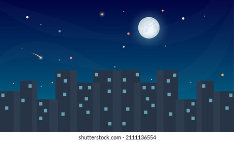 Cartoon background of the night sky. Landscape of the city with skyscrapers, vector illustration