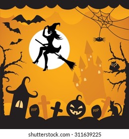 Cartoon background on Halloween with flying ,pumpkins, black cat, owl, bats, cobwebs, castles and tombs witch on an orange background