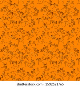 Cartoon background with orange colored,cat ,doodles,design for greeting card or Halloween party