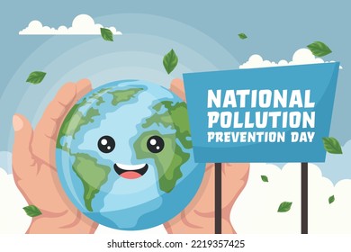 Cartoon background of planet earth held by open hands with national pollution prevention day text. Poster to raise awareness about caring for the environment