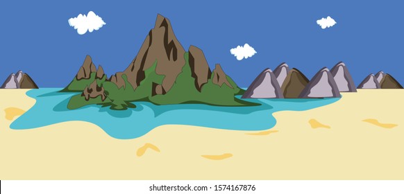 cartoon background with rocks and mountains and blue sky for kids game