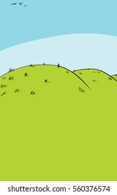 Cartoon background of rolling hills with three birds flying in the sky