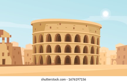 Cartoon background with rome coliseum and ancient buildings vector illustration