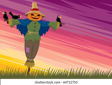 Cartoon background with scarecrow and empty space for your text. 