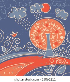 Cartoon background, scene with tree and flowers