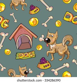 cartoon background. Seamless pattern with the dog and his toys. EPS10 transparent background and green separate layer.