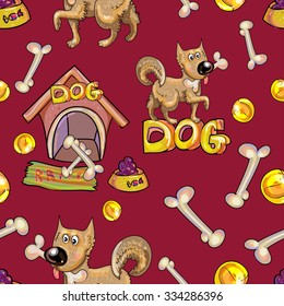 cartoon background. Seamless pattern with the dog and his toys. EPS10 transparent background and burgundy separate layer.
