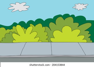 Cartoon Background Of Sidewalk And Bushes