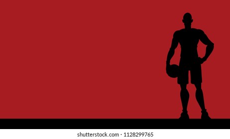 Cartoon background with silhouette of basketball player on basketball court, and copy space for your text.
