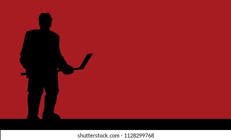 Cartoon background with silhouette of ice hockey player on ice hockey rink, and copy space for your text.