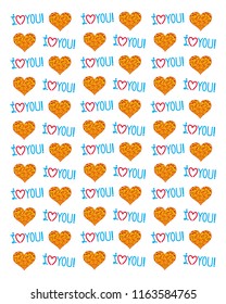 Cartoon background from stylized colorful hearts and inscriptions: I love you. Vector picture.
