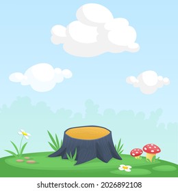 Cartoon background with summer meadow and the tree stump. Vector illustration isolated