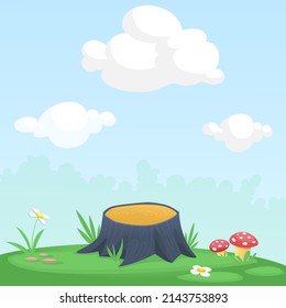 Cartoon background with summer meadow and the tree stump. Vector illustration isolated