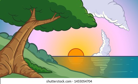 Cartoon background sunset with tree and ocean. Vector illustration with simple gradients. Some elements on separate layers. 
