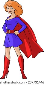 Cartoon background with superhero lady in bright costume standing