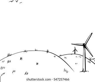 Cartoon background of three wind turbines on side of rolling hills with birds in background
