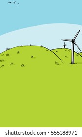 Cartoon background of three wind turbines on side of green rolling hills with copy space