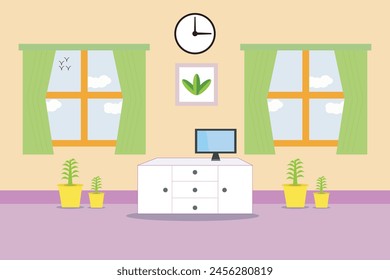 Cartoon background vector design illustration for cartoon animated video or content creator. Cartoon house home room background with two windows table floor wall and clock