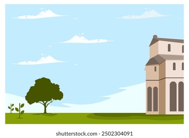 Zeichentrickhintergrund Vektor, Zeichentrickgarten in grünen Bergen mit blauem Himmel, Haus und Bäume Hintergrund, geeignet für Hintergrund, Wanddekoration, Werbung, Buchcover