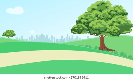 Vetor de fundo de desenhos animados, Ilustração de paisagem verde, Edifícios da cidade, Estrada, Árvore verde, Arte vetorial