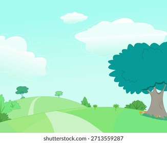 Vector de fondo de dibujos animados, ilustración de fondo de paisaje verde, plano, árboles, tierra verde, camino, fondo de Vector