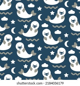 Cartoon Background Wallpaper With Seals. Sea Animal For Cute Baby Seamless Pattern. Marine Texture For Baby Products Design. Cute Picture Of Arctic White Seal. Vector Illustration For Babies Textile.