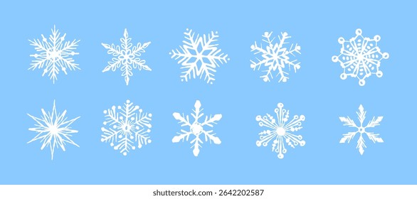 Cartoon background with white snowflakes over blue. Drawing for winter, holiday and seasonal graphics