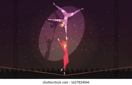 Cartoon background with wire walkers acrobats performing at circus vector illustration