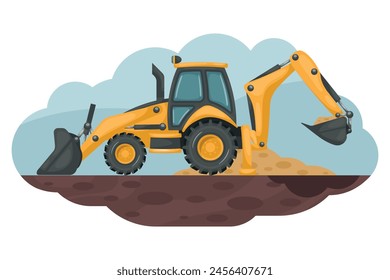 Caricatura de una retroexcavadora excavando el suelo. Maquinaria pesada utilizada en la construcción y la industria minera