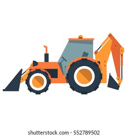 Cartoon backhoe loader. Construction machines. Tractor in flat style. Vector illustration isolated on white background.