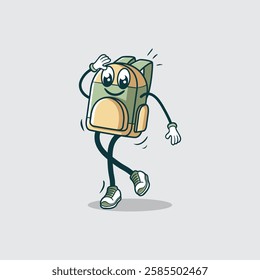 A cartoon backpack with arms and legs happily walks, displaying a cheerful expression.