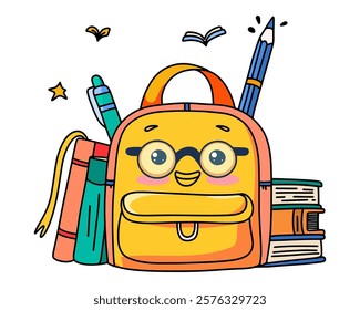 Cartoon backpack with books, kawaii style. School theme. Vector.