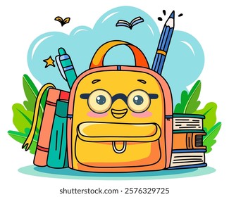 Cartoon backpack with books, kawaii style. School theme. Vector.