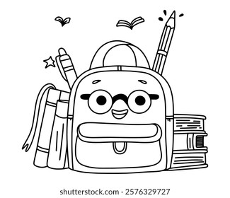 Cartoon backpack with books, kawaii style. School theme. Vector.