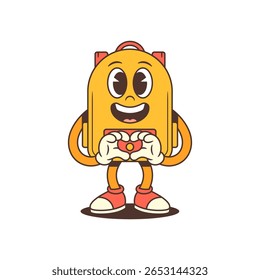 Cartoon backpack character forming a heart with both hands and smiling with sparkling eyes. Great for school promotions, emotional education, or kindness-themed designs. Vector illustration