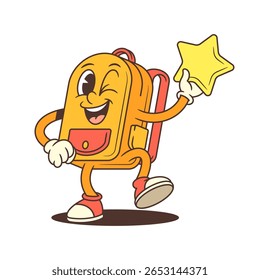 Cartoon backpack character in mid-step holding a bright star and winking confidently. Ideal for school themes, celebration designs, motivational content, and educational branding. Vector illustration