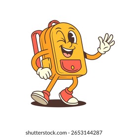 Cartoon backpack character standing in a confident pose with one hand waving and a wide smile. Perfect for school-related designs, branding or kid-friendly content. Playful and fun vector illustration