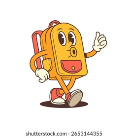 Cartoon backpack character walking confidently with a thumbs-up and winking hand gesture. Perfect for school-related content, education themes, or playful branding projects. Vector illustration