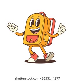 Cartoon backpack character walking with raised arms, giving a peace sign and thumbs-up while winking. Perfect for educational designs, school-themed content or childrens projects. Vector illustration