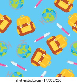 Cartoon-Rucksack, Earth Globe, Marker. Nahtlose Vektordesign-Hintergrund