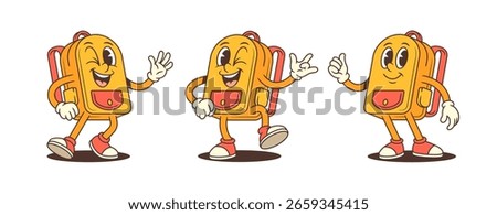 Cartoon backpack mascot featuring smiling, winking, and friendly expressions with walking poses, thumbs-up gestures. Perfect for educational content, school promotions and kid-friendly design