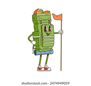 Cartoon backpack retro groovy travel camp and tourism character. Isolated vector anthropomorphic tourist rucksack holding a flag, equipped for adventure, featuring a smiling face and wearing sneakers