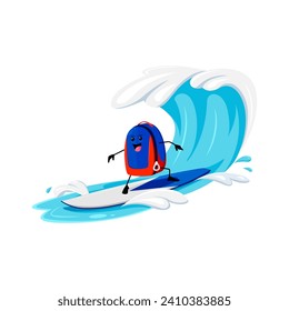 Cartoon backpack school supply character riding surfboard on summer beach vacation. Isolated vector student bag personage catching tide waves enjoying extreme sport recreation and fun on the ocean